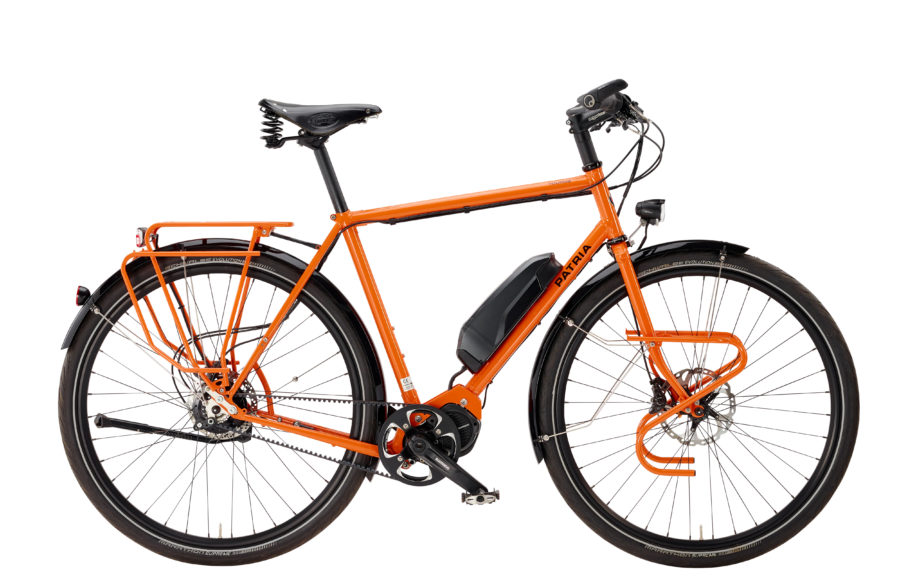 Touros Hybrid, Shimano Steps MTB, Rohloff 14-Gang, RAL 2010 signalorange, Sonderausstattung: Riemenantrieb, Scheibenbremse, Tubus Logo und Duo in Rahmenfarbe, Brooks Flyer, Griffe Ergon GP3