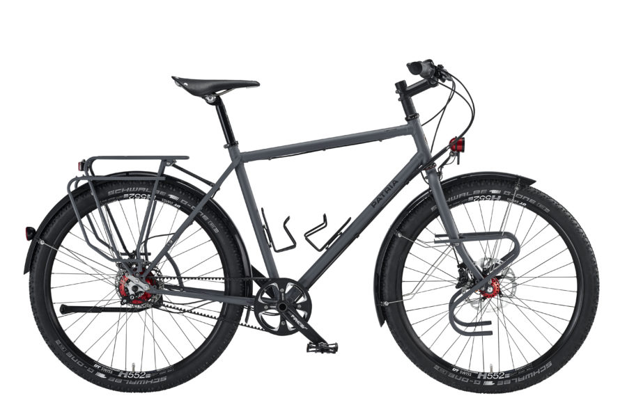 Kosmos, Rohloff 14-Gang, Diamant, schiefergrau matt, Sonderausstattung: Riemen CDX, XT Disc, Stütze NC17, Lichtanlage SON, Lowrider Duo, Träger in Rahmenfarbe, Rohloff und SON in Sonderfarbe rot, Truvativ FireX